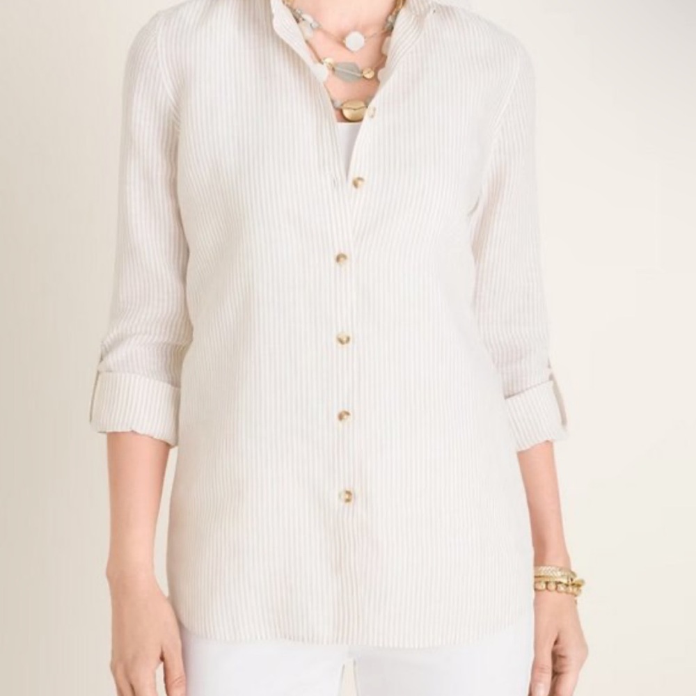 Chico’s 100% Linen Cream White Striped NO-IRON  Roll-Tab Sleeve Coastal blouse
